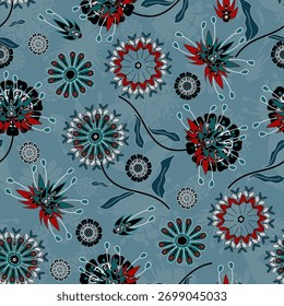 Floral seamless pattern ,Jacobean Print Pattern Seamless , navy flowers Vector clipart. Seamless pattern with stylized exotic flowers, climbing plants. Fashion floral wallpaper, background. Asian 