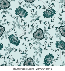 Padrão floral sem emenda, padrão de impressão jacobino sem emenda, flores da marinha Clipart de vetor. Padrão contínuo com flores exóticas estilizadas, trepadeiras. Moda floral papel de parede, fundo. Asiático 