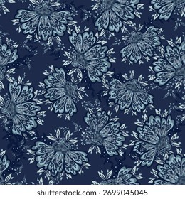 Patrón floral sin fisuras, patrón de impresión jacobea sin fisuras, Clipart de Vector de flores azul marino. Patrón sin fisuras con flores exóticas estilizadas, plantas trepadoras. Fondo de pantalla floral de la moda, fondo. Asiático 