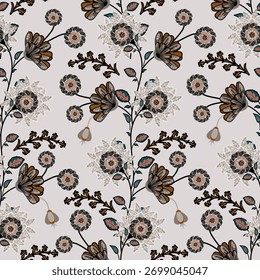 Floral seamless pattern ,Jacobean Print Pattern Seamless , navy flowers Vector clipart. Seamless pattern with stylized exotic flowers, climbing plants. Fashion floral wallpaper, background. Asian 