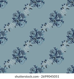 Patrón floral sin fisuras, patrón de impresión jacobea sin fisuras, Clipart de Vector de flores azul marino. Patrón sin fisuras con flores exóticas estilizadas, plantas trepadoras. Fondo de pantalla floral de la moda, fondo. Asiático 