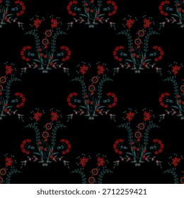 Patrón floral sin fisuras, patrón de impresión jacobea sin fisuras, Clipart de Vector de flores azul marino. Patrón sin fisuras con flores exóticas estilizadas, plantas trepadoras. Fondo de pantalla floral de la moda, fondo. Asiático