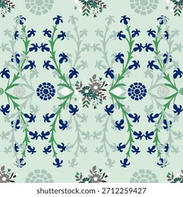 Patrón floral sin fisuras, patrón de impresión jacobea sin fisuras, Clipart de Vector de flores azul marino. Patrón sin fisuras con flores exóticas estilizadas, plantas trepadoras. Fondo de pantalla floral de la moda, fondo. Asiático
