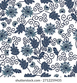 Patrón floral sin fisuras, patrón de impresión jacobea sin fisuras, Clipart de Vector de flores azul marino. Patrón sin fisuras con flores exóticas estilizadas, plantas trepadoras. Fondo de pantalla floral de la moda, fondo. Asiático
