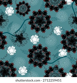 Patrón floral sin fisuras, patrón de impresión jacobea sin fisuras, Clipart de Vector de flores azul marino. Patrón sin fisuras con flores exóticas estilizadas, plantas trepadoras. Fondo de pantalla floral de la moda, fondo. Asiático