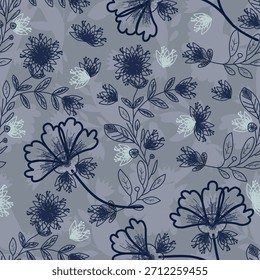 Floral seamless pattern ,Jacobean Print Pattern Seamless , navy flowers Vector clipart. Seamless pattern with stylized exotic flowers, climbing plants. Fashion floral wallpaper, background. Asian