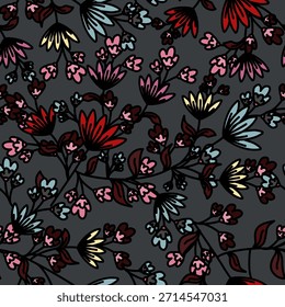 Patrón floral sin fisuras, patrón de impresión jacobea sin fisuras, Clipart de Vector de flores azul marino. Patrón sin fisuras con flores exóticas estilizadas, plantas trepadoras. Fondo de pantalla floral de la moda, fondo. Asiático