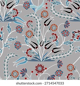 Patrón floral sin fisuras, patrón de impresión jacobea sin fisuras, Clipart de Vector de flores azul marino. Patrón sin fisuras con flores exóticas estilizadas, plantas trepadoras. Fondo de pantalla floral de la moda, fondo. Asiático