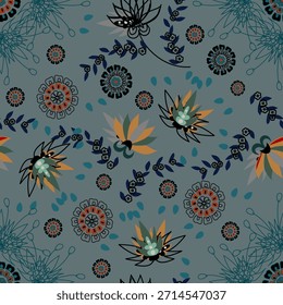 Patrón floral sin fisuras, patrón de impresión jacobea sin fisuras, Clipart de Vector de flores azul marino. Patrón sin fisuras con flores exóticas estilizadas, plantas trepadoras. Fondo de pantalla floral de la moda, fondo. Asiático
