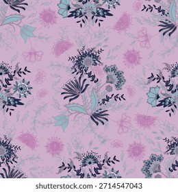 Patrón floral sin fisuras, patrón de impresión jacobea sin fisuras, Clipart de Vector de flores azul marino. Patrón sin fisuras con flores exóticas estilizadas, plantas trepadoras. Fondo de pantalla floral de la moda, fondo. Asiático