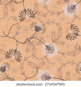 Patrón floral sin fisuras, patrón de impresión jacobea sin fisuras, Clipart de Vector de flores azul marino. Patrón sin fisuras con flores exóticas estilizadas, plantas trepadoras. Fondo de pantalla floral de la moda, fondo. Asiático
