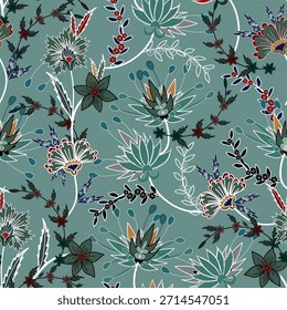 Padrão floral sem emenda, padrão de impressão jacobino sem emenda, flores da marinha Clipart de vetor. Padrão contínuo com flores exóticas estilizadas, trepadeiras. Moda floral papel de parede, fundo. Asiático