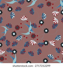Patrón floral sin fisuras, patrón de impresión jacobea sin fisuras, Clipart de Vector de flores marrones. Patrón sin fisuras con flores exóticas estilizadas, plantas trepadoras. Fondo de pantalla floral de la moda, fondo. Asiático	