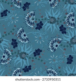 Floral seamless pattern ,Jacobean Print Pattern Seamless , navy flowers Vector clipart. Seamless pattern with stylized exotic flowers, climbing plants. Fashion floral wallpaper, background. Asian
