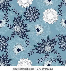 Floral seamless pattern ,Jacobean Print Pattern Seamless , navy flowers Vector clipart. Seamless pattern with stylized exotic flowers, climbing plants. Fashion floral wallpaper, background. Asian