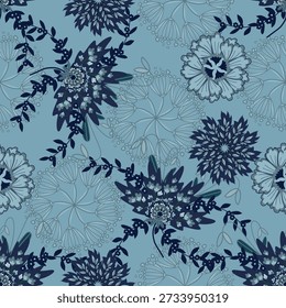 Floral seamless pattern ,Jacobean Print Pattern Seamless , navy flowers Vector clipart. Seamless pattern with stylized exotic flowers, climbing plants. Fashion floral wallpaper, background. Asian
