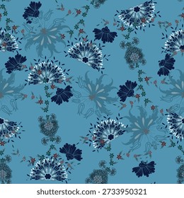 Floral seamless pattern ,Jacobean Print Pattern Seamless , navy flowers Vector clipart. Seamless pattern with stylized exotic flowers, climbing plants. Fashion floral wallpaper, background. Asian