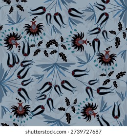 Floral seamless pattern ,Jacobean Print Pattern Seamless , navy flowers Vector clipart. Seamless pattern with stylized exotic flowers, climbing plants. Fashion floral wallpaper, background. Asian	