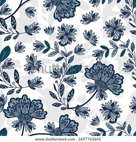 Floral seamless pattern Jacobean Print Pattern Seamless ,Blue navy flowers Vector clipart. Seamless pattern with stylized exotic flowers, climbing plants. Fashion floral wallpaper, background. Asian 