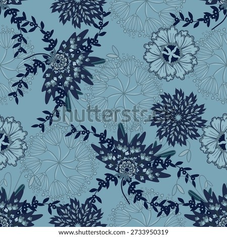 Floral seamless pattern ,Jacobean Print Pattern Seamless , navy flowers Vector clipart. Seamless pattern with stylized exotic flowers, climbing plants. Fashion floral wallpaper, background. Asian