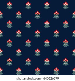 Floral seamless pattern, Jacobean style flowers. Colorful herbal background. Vector illustration. Jacobean floral, herbal collection, red flowers. Dark blue summer night background.