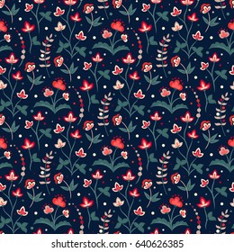Floral seamless pattern, Jacobean style flowers. Colorful herbal background. Vector illustration. Jacobean floral, herbal collection, red flowers. Dark blue summer night background.