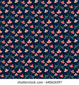 Floral seamless pattern, Jacobean style flowers. Colorful herbal background. Vector illustration. Jacobean floral, herbal collection, red flowers. Dark blue summer night background.