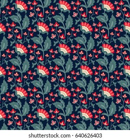 Floral seamless pattern, Jacobean style flowers. Colorful herbal background. Vector illustration. Jacobean floral, herbal collection, red flowers. Dark blue summer night background.