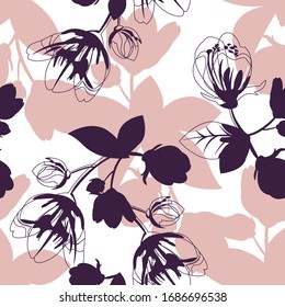 Floral seamless pattern with jasmine flowers. Vector illustration with textured outlined shapes on white background. Dark purple and light pink colors. Element for textile, fabric and other decoration