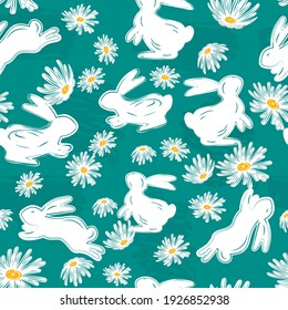 Floral seamless pattern with jumping hares.White daisies of different sizes  and white silhouettes of jumping and sitting hares on a blue background with texture.Vector endless background .