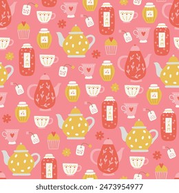 Patrón sin costuras florales con hervidor, magdalena, tazas sobre fondo rosa. Perfecto para saludos de verano, Fondo de pantalla, papel de embalaje, tela. Ilustración vectorial