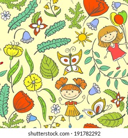 Floral seamless pattern with kids