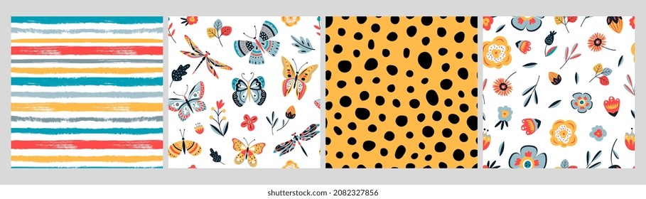 Floral seamless pattern kit. Flowers, butterflies, polka dot and grunge stripes backgrounds. Abstract summer spring geometric vector textures