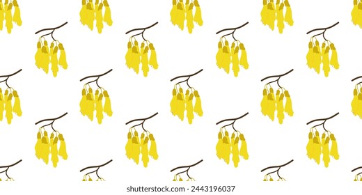 Floral seamless pattern of Kowhai hand drawn flowers on white background.