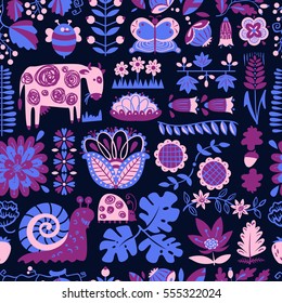 Floral seamless pattern with ladybird and vine. Geometrical background with flat cartoon plants and berries and flowers. Design element for wrapping and textile