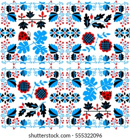 Floral seamless pattern with ladybird and vine. Geometrical background with flat cartoon plants and berries and flowers. Design element for wrapping and textile