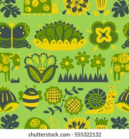 Floral seamless pattern with ladybird and vine. Geometrical background with flat cartoon plants and berries and flowers. Design element for wrapping and textile