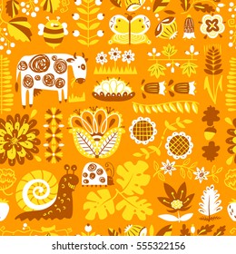 Floral seamless pattern with ladybird and vine. Geometrical background with flat cartoon plants and berries and flowers. Design element for wrapping and textile