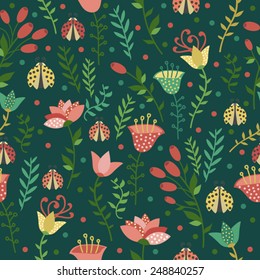 Floral seamless pattern with ladybugs on a blue background. 