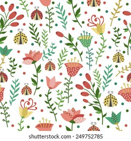 Floral seamless pattern with ladybugs on a white background. 