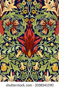 Floral seamless pattern with a large red flower in the center on dark blue background. Classic colors. Vector illustration.