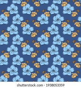 Floral seamless pattern, large and small flowers and buds in blue and brown colors, blue background. Great for decorating fabrics, textiles, gift wrapping, printed matter, interiors, advertising.