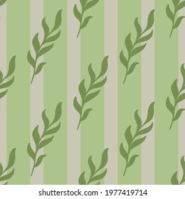 Floral seamless pattern with leaf branch silhouettes ornament. Striped background. Doodle ornament. Graphic design for wrapping paper and fabric textures. Vector Illustration.