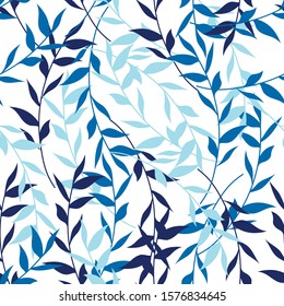 Floral seamless pattern. Leaves in 3 shades of blue color