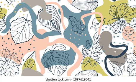 Floral seamless pattern with leaves with abstract organic shape blots over white background