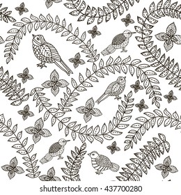 Floral seamless pattern. Leaves background. Birds. Hand drawn. Coloring book page 
