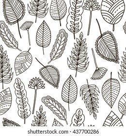 Floral seamless pattern. Leaves background. Hand drawn. Coloring books 