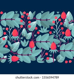 Floral seamless pattern with leaves and berries in the form of a strip. Delicate colorful plants. Endless texture with elegant leaves on a deep blue. Vector background. Design for textile, wrapping.
