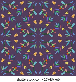 Floral seamless pattern with leaves, berries and flowers in vector