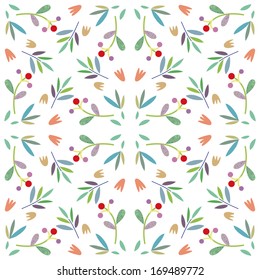 Floral seamless pattern with leaves, berries and flowers in vector